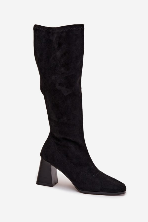 Black Heel Boots in Over The Knee High Boots, Thigh High Boots with Fabric, Warmers, Footbed, Upper Height and Heel Height