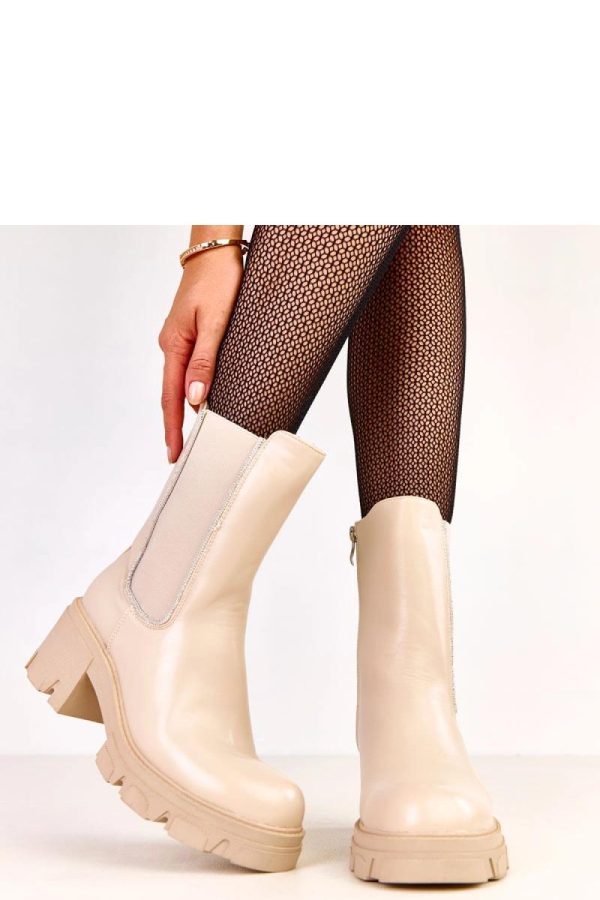 Beige Heel Boots.Fabric, Footbed, Upper Height and Heel Height