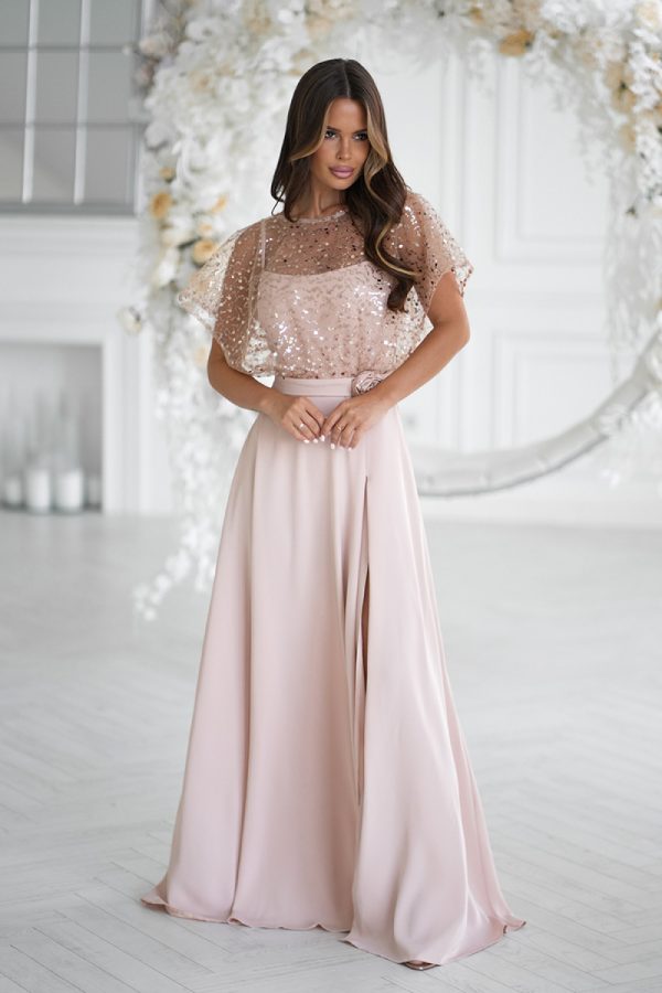 Beige Long Dress.Spandex and Polyester