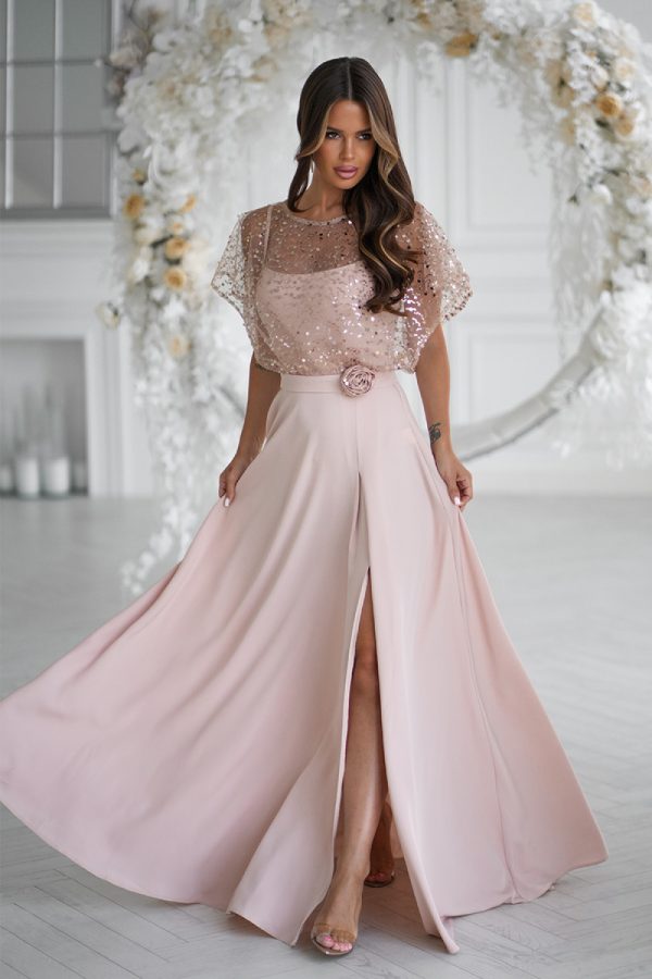 Beige Long Dress.Spandex and Polyester