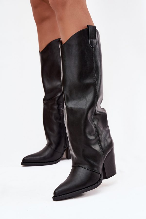 Black Heel Boots in Over The Knee High Boots, Thigh High Boots with Fabric, Warmers, Footbed, Upper Height and Heel Height