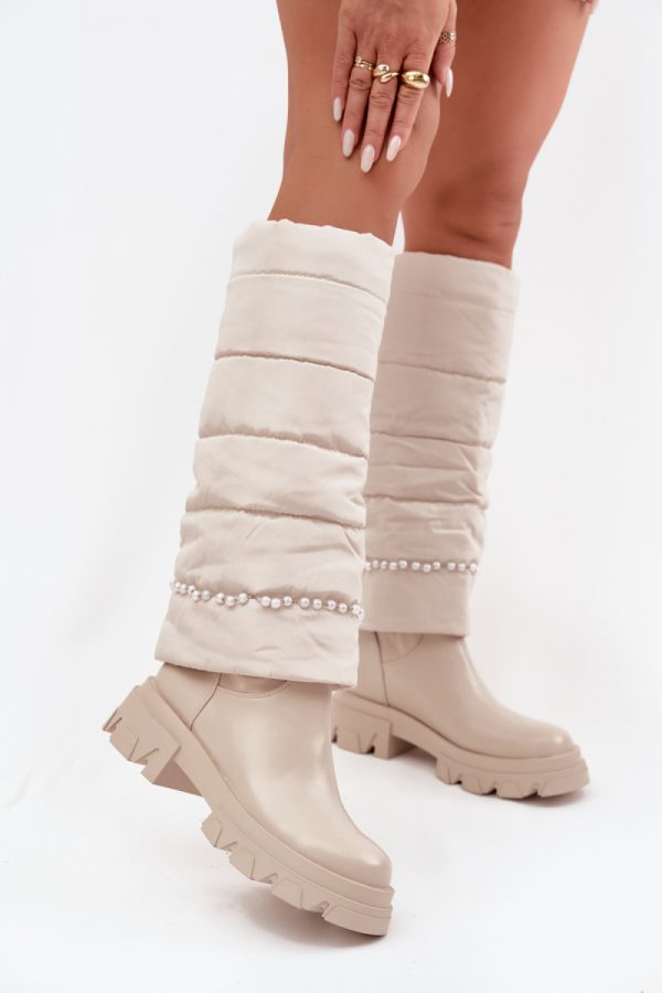 Beige Thigh-Hight Boots in Over The Knee High Boots, Thigh High Boots with Fabric, Warmers, Footbed, Upper Height and Heel Height