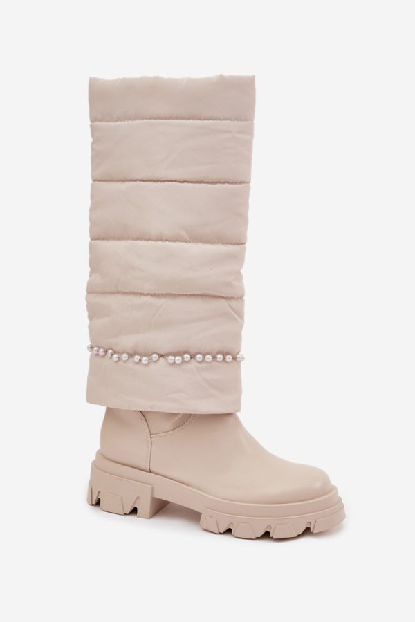 Beige Thigh-Hight Boots in Over The Knee High Boots, Thigh High Boots with Fabric, Warmers, Footbed, Upper Height and Heel Height