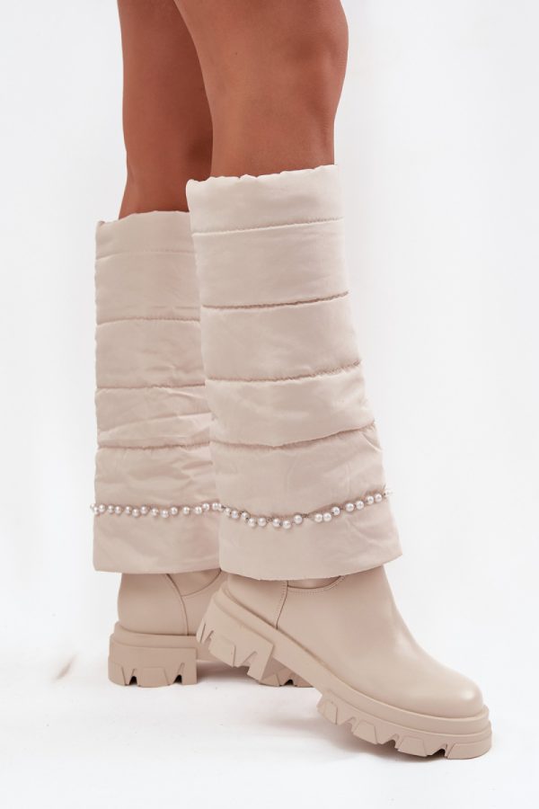 Beige Thigh-Hight Boots in Over The Knee High Boots, Thigh High Boots with Fabric, Warmers, Footbed, Upper Height and Heel Height