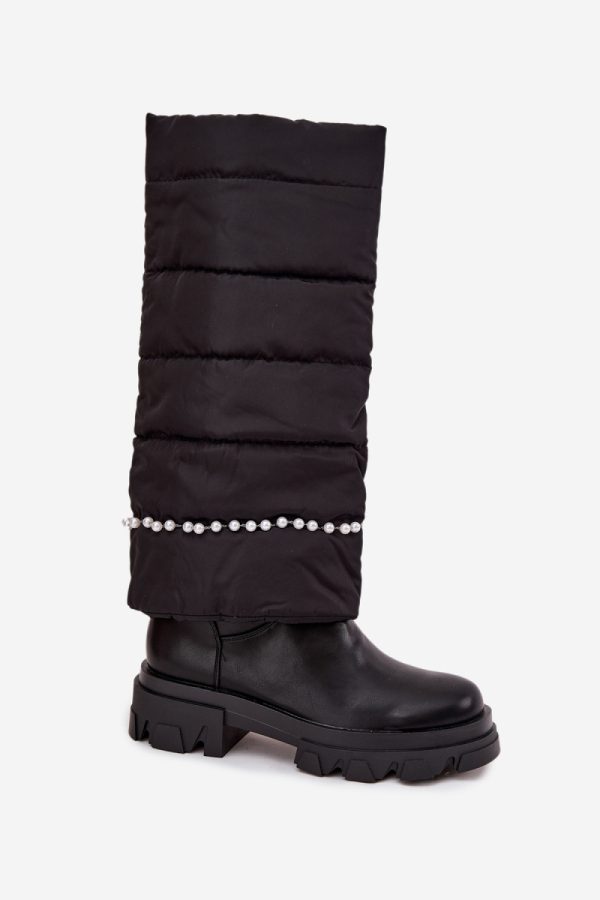 Black Thigh-Hight Boots in Over The Knee High Boots, Thigh High Boots with Fabric, Warmers, Footbed, Upper Height and Heel Height