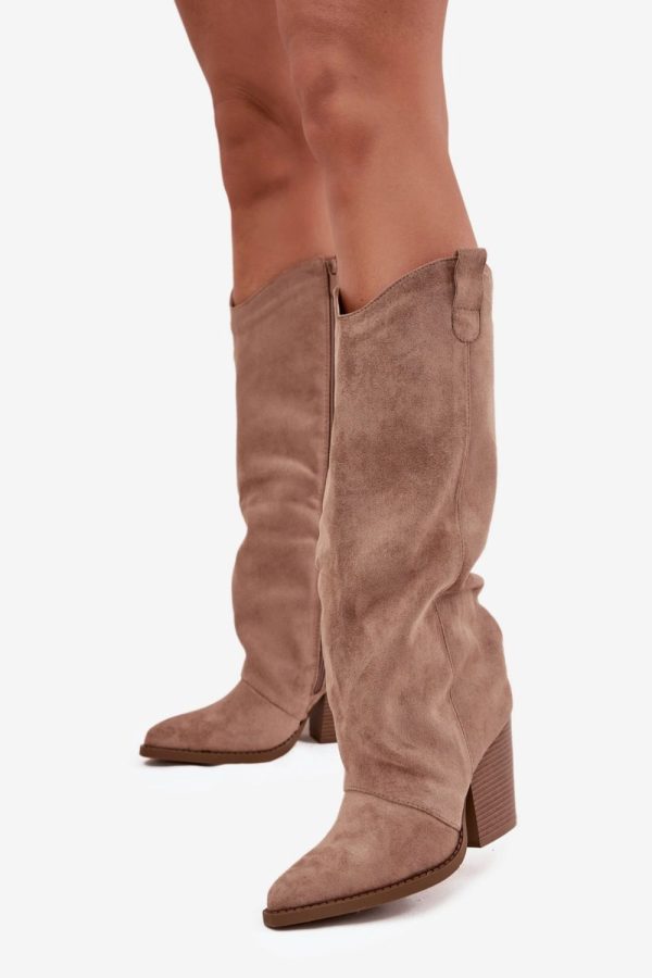 Beige Heel Boots in Over The Knee High Boots, Thigh High Boots with Fabric, Warmers, Footbed, Upper Height and Heel Height