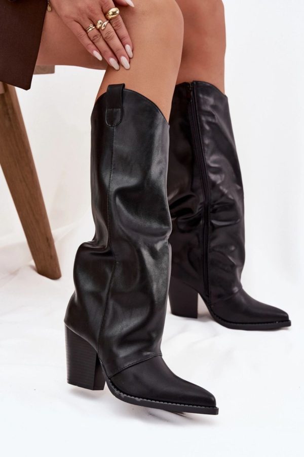 Black Heel Boots in Over The Knee High Boots, Thigh High Boots with Fabric, Warmers, Footbed, Upper Height and Heel Height