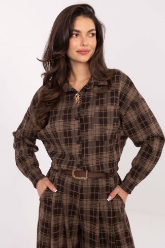 Brown Long Sleeve Shirt in Shirts For Women with Spandex, Polyester and Viscose