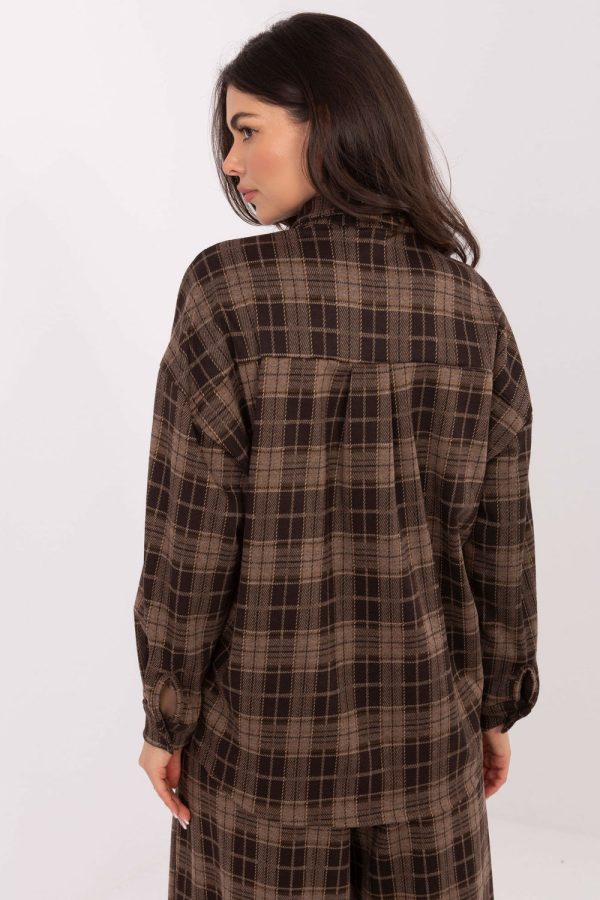 Brown Long Sleeve Shirt in Shirts For Women with Spandex, Polyester and Viscose