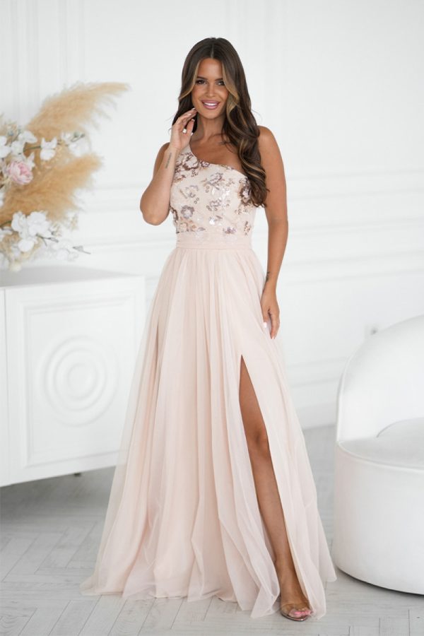 Beige Long Dress in Evening Dresses with Spandex and Polyester