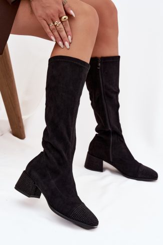 Black Heel Boots in Over The Knee High Boots, Thigh High Boots with Fabric, Footbed, Upper Height and Heel Height