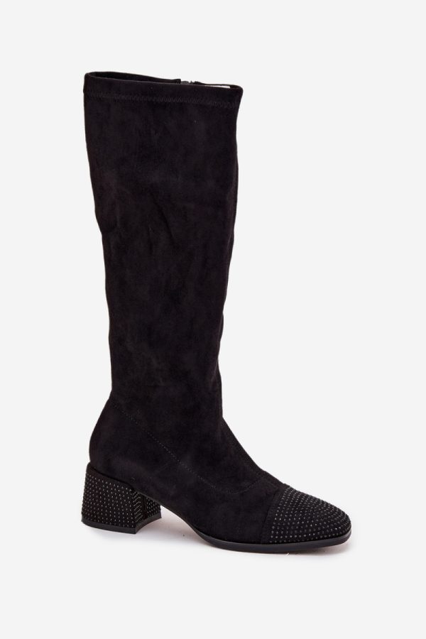 Black Heel Boots in Over The Knee High Boots, Thigh High Boots with Fabric, Footbed, Upper Height and Heel Height