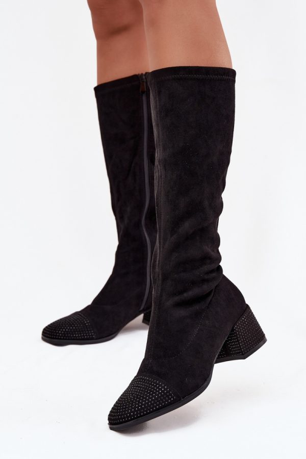 Black Heel Boots in Over The Knee High Boots, Thigh High Boots with Fabric, Footbed, Upper Height and Heel Height