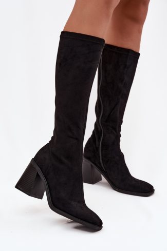 1100069.jpg Black Heel Boots in Over The Knee High Boots, Thigh High Boots with Fabric, Footbed, Upper Height and Heel Height