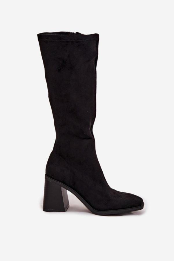 Black Heel Boots in Over The Knee High Boots, Thigh High Boots with Fabric, Footbed, Upper Height and Heel Height
