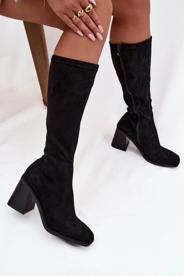 Black Heel Boots in Over The Knee High Boots, Thigh High Boots with Fabric, Footbed, Upper Height and Heel Height