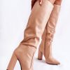 Beige Heel Boots in Over The Knee High Boots, Thigh High Boots with Fabric, Footbed, Upper Height and Heel Height