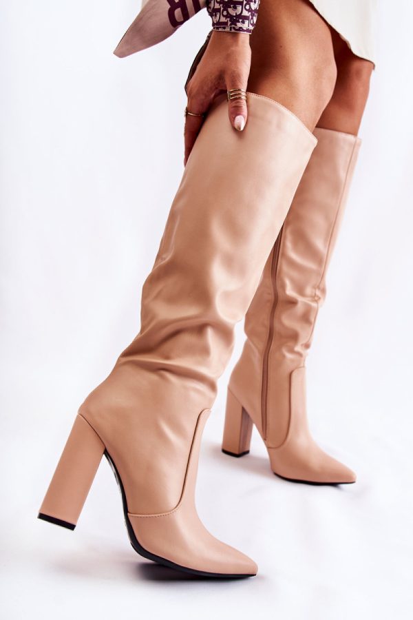 Beige Heel Boots in Over The Knee High Boots, Thigh High Boots with Fabric, Footbed, Upper Height and Heel Height