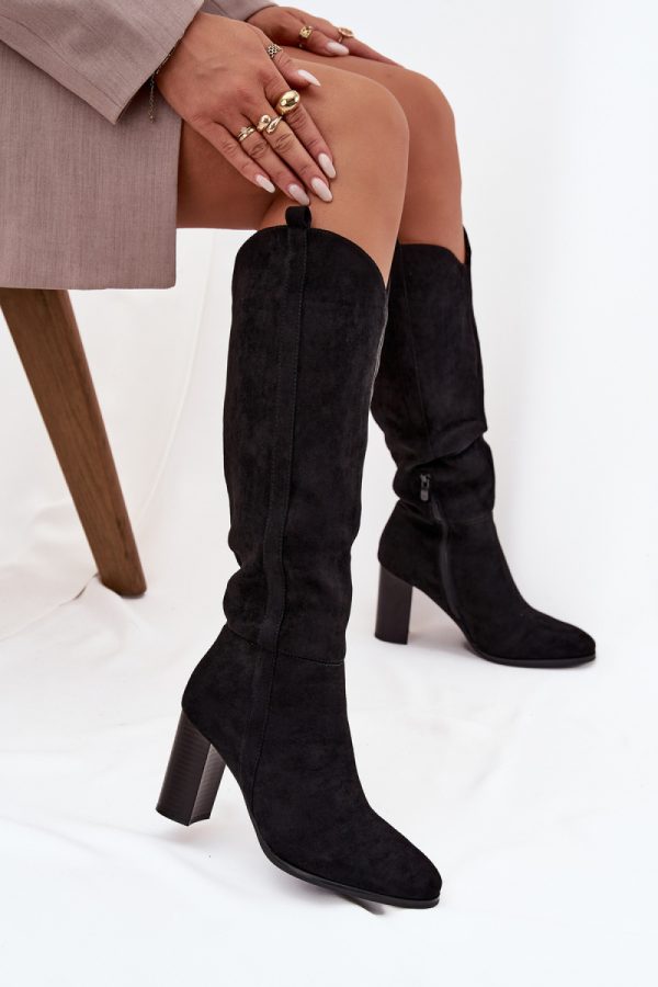 Black Thigh-Hight Boots in Over The Knee High Boots, Thigh High Boots with Fabric, Footbed, Upper Height and Heel Height