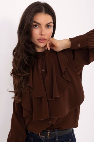 Brown Long Sleeve Shirt in Shirts For Women with Polyester and Viscose