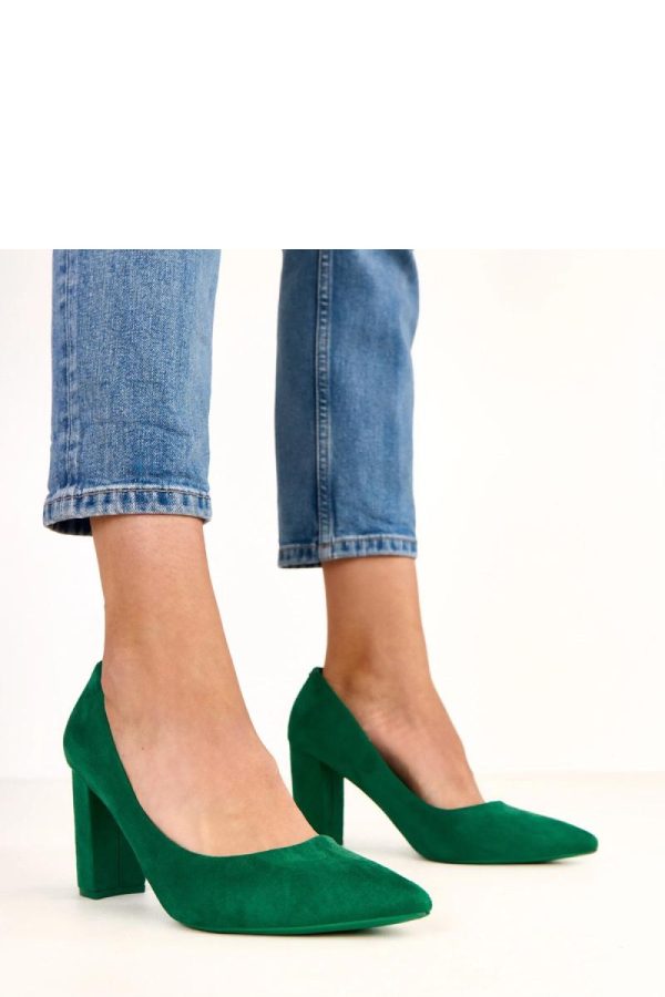 Green Block Heel Pumps.Fabric, Footbed and Heel Height