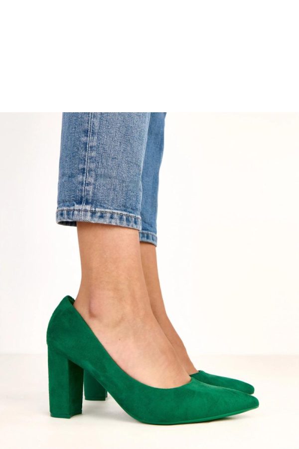 Green Block Heel Pumps.Fabric, Footbed and Heel Height