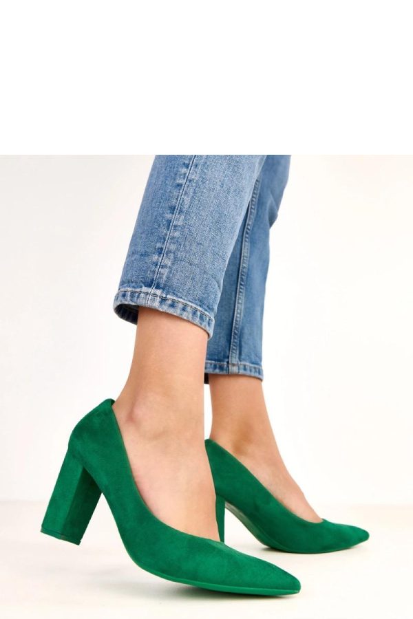Green Block Heel Pumps.Fabric, Footbed and Heel Height