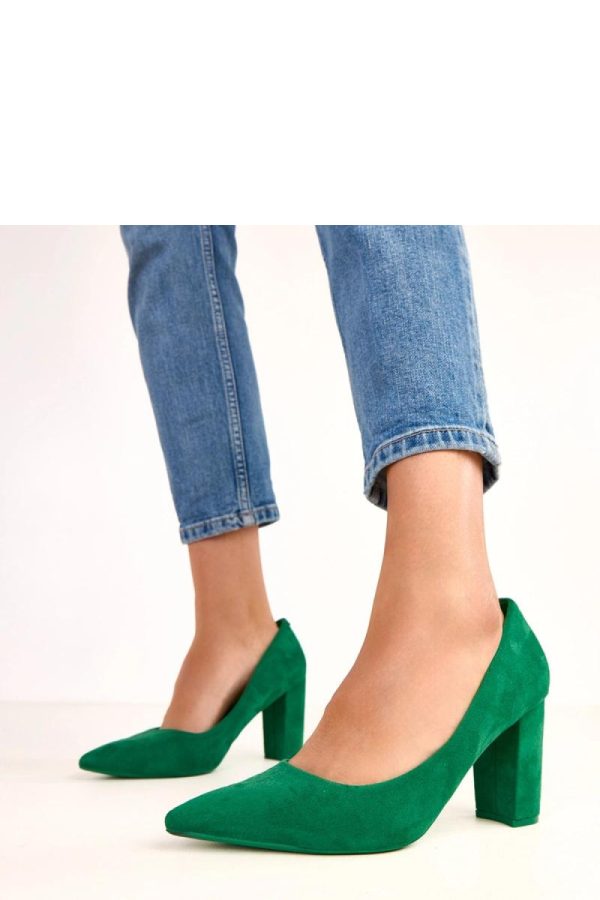 Green Block Heel Pumps.Fabric, Footbed and Heel Height