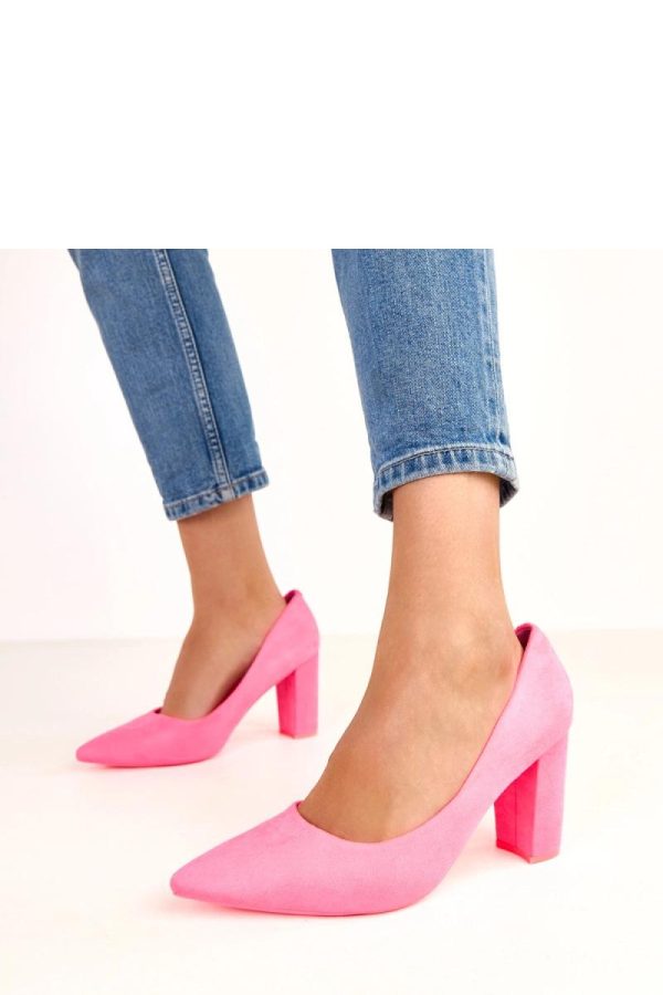Pink Block Heel Pumps.Fabric, Footbed and Heel Height