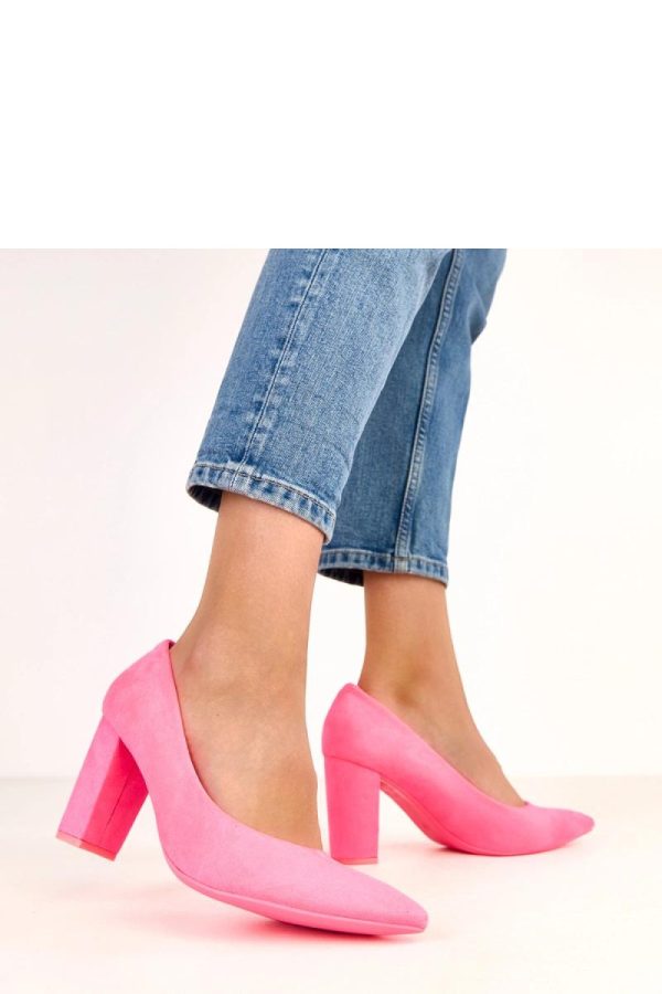 Pink Block Heel Pumps.Fabric, Footbed and Heel Height