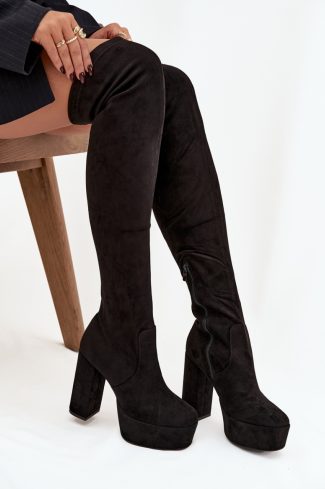 Black Heel Boots in Over The Knee High Boots, Thigh High Boots with Fabric, Footbed, Upper Height, Heel Height and Platform Height