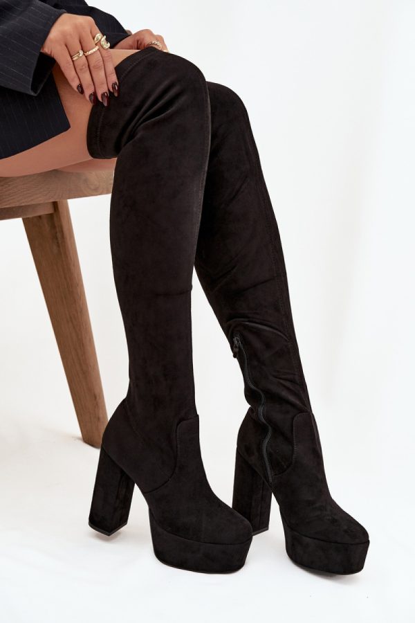 Black Heel Boots in Over The Knee High Boots, Thigh High Boots with Fabric, Footbed, Upper Height, Heel Height and Platform Height