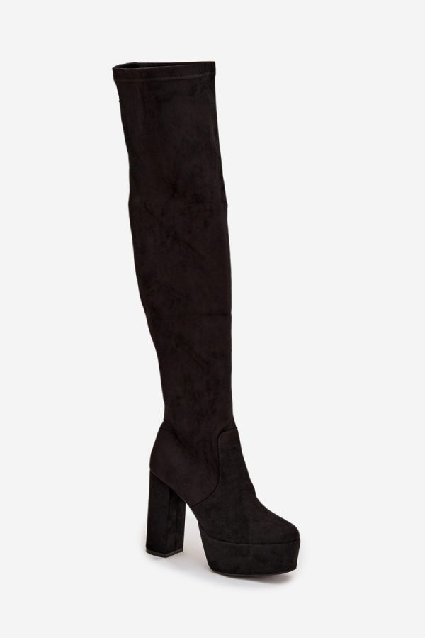 Black Heel Boots in Over The Knee High Boots, Thigh High Boots with Fabric, Footbed, Upper Height, Heel Height and Platform Height