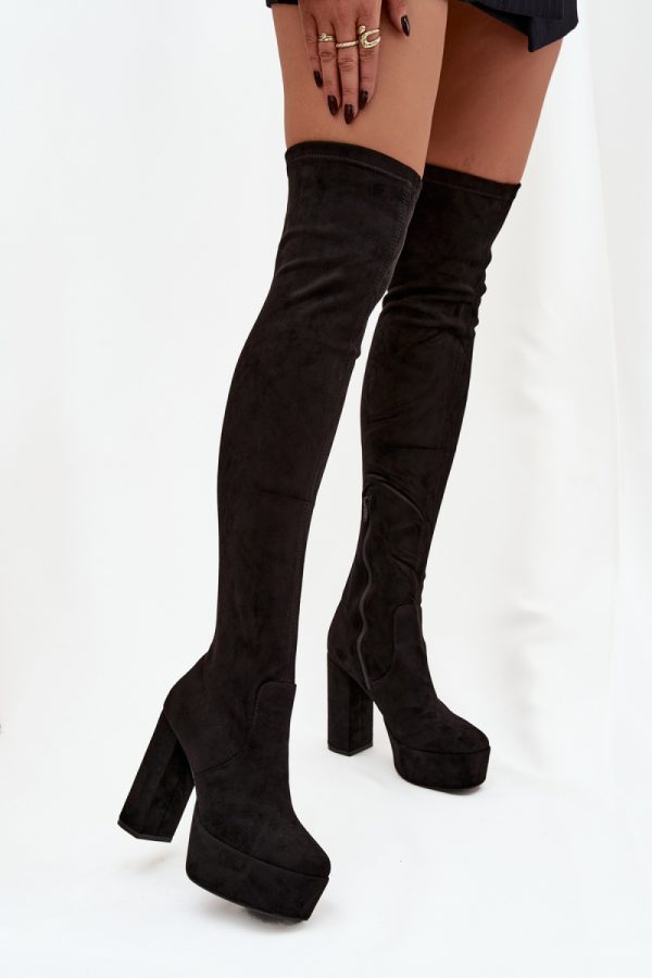 Black Heel Boots in Over The Knee High Boots, Thigh High Boots with Fabric, Footbed, Upper Height, Heel Height and Platform Height