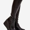 Black Buskin Boots in Over The Knee High Boots, Thigh High Boots with Fabric, Footbed, Upper Height, Heel Height and Platform Height