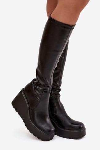 Black Buskin Boots in Over The Knee High Boots, Thigh High Boots with Fabric, Footbed, Upper Height, Heel Height and Platform Height