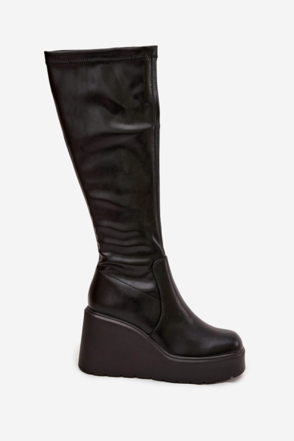 Black Buskin Boots in Over The Knee High Boots, Thigh High Boots with Fabric, Footbed, Upper Height, Heel Height and Platform Height