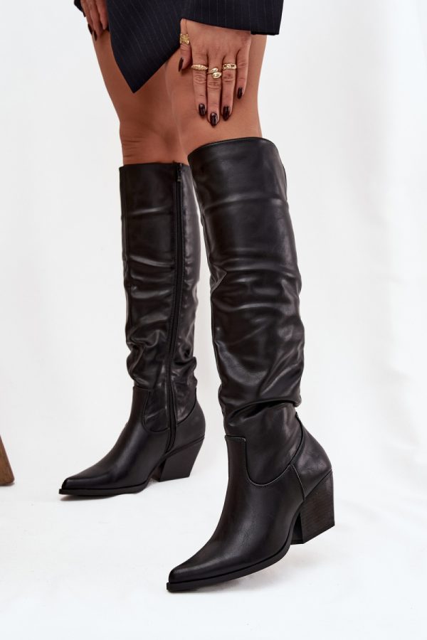 Black Thigh-Hight Boots in Over The Knee High Boots, Thigh High Boots with Fabric, Warmers, Footbed, Upper Height and Heel Height