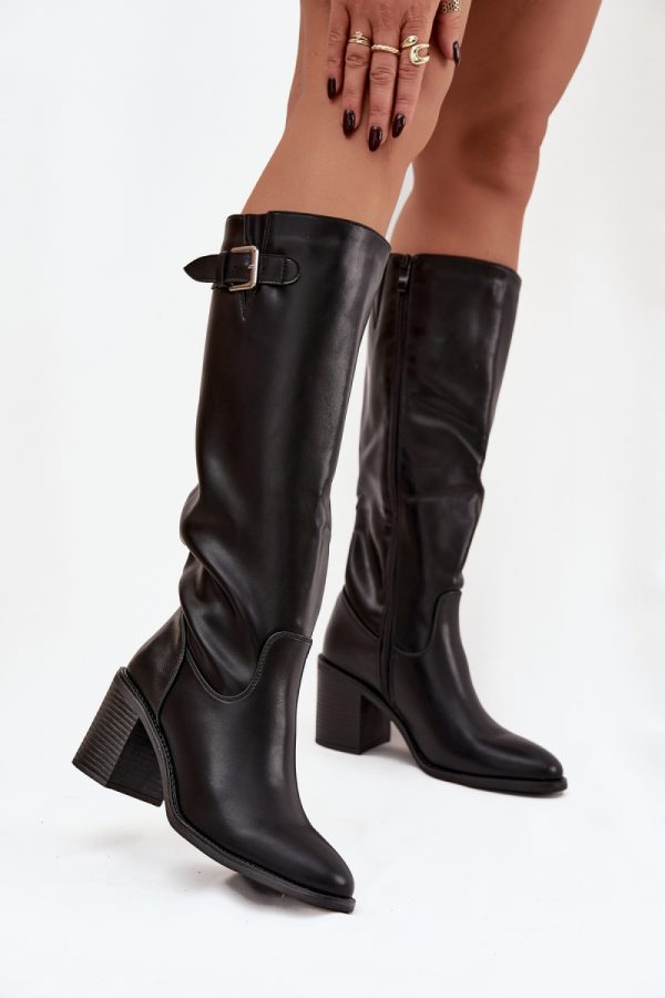 Black Heel Boots in Over The Knee High Boots, Thigh High Boots with Fabric, Warmers, Footbed, Upper Height and Heel Height