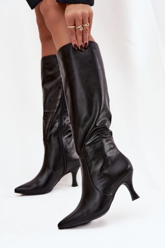 1101663.jpg Black Heel Boots in Over The Knee High Boots, Thigh High Boots with Fabric, Footbed, Upper Height and Heel Height