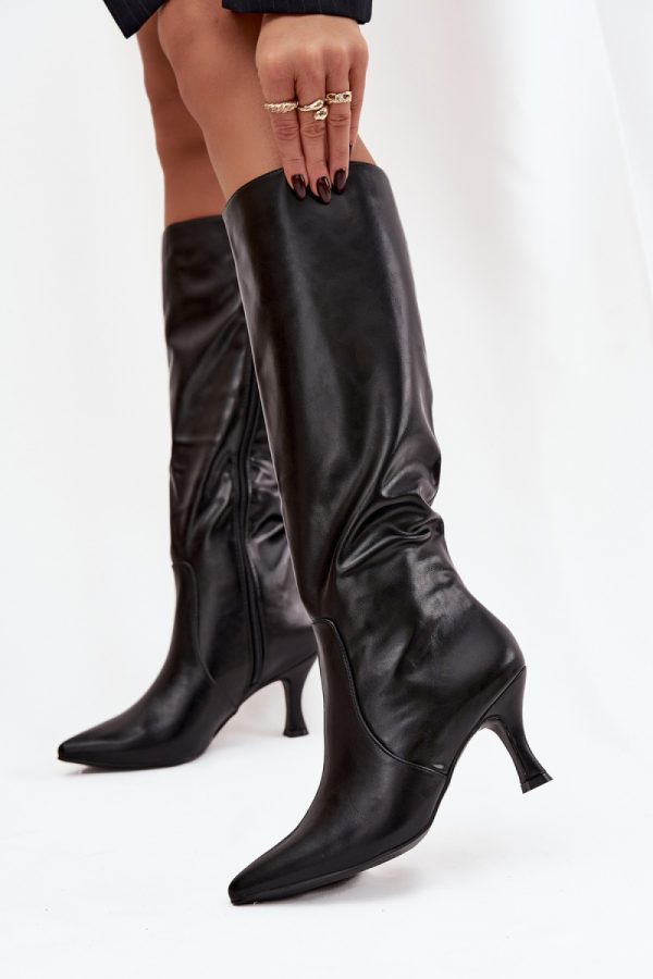 Black Heel Boots in Over The Knee High Boots, Thigh High Boots with Fabric, Footbed, Upper Height and Heel Height