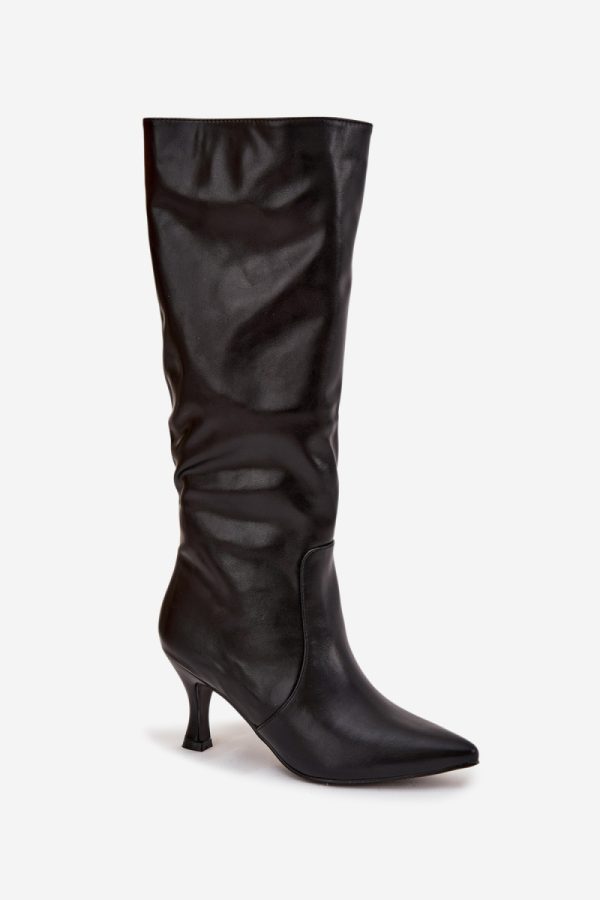Black Heel Boots in Over The Knee High Boots, Thigh High Boots with Fabric, Footbed, Upper Height and Heel Height