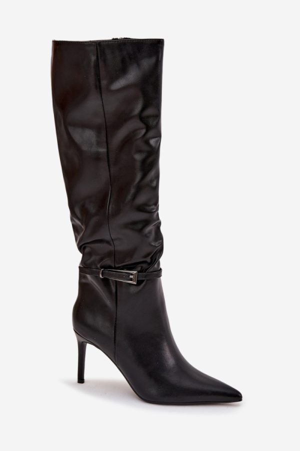 Black Heel Boots in Over The Knee High Boots, Thigh High Boots with Fabric, Footbed, Upper Height and Heel Height