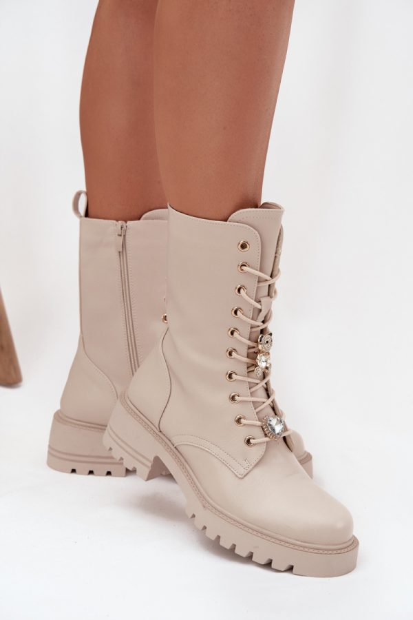 Beige Bootie in Women`s Ankle Boots & Booties with Fabric, Footbed, Upper Height and Heel Height