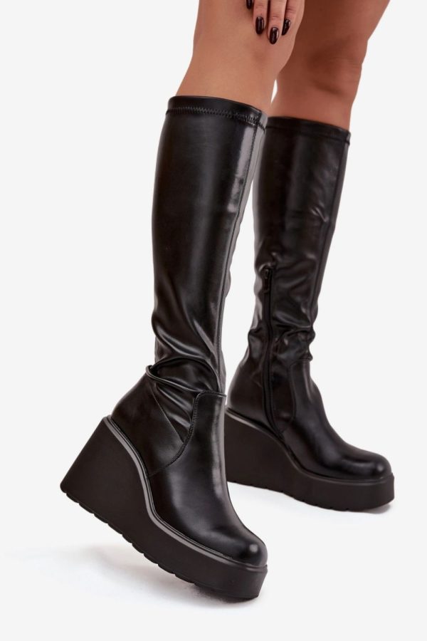 Black Buskin Boots in Over The Knee High Boots, Thigh High Boots with Fabric, Footbed, Upper Height, Heel Height and Platform Height