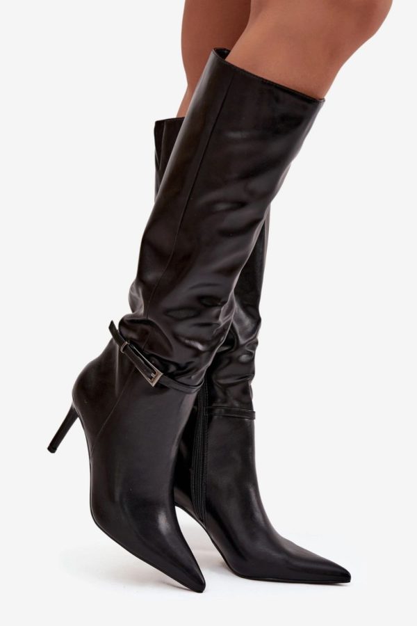 Black Heel Boots in Over The Knee High Boots, Thigh High Boots with Fabric, Footbed, Upper Height and Heel Height