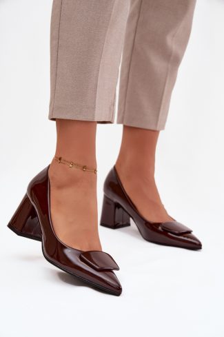 Brown Block Heel Pumps in High Heel Pumps with Fabric, Footbed, Upper Height and Heel Height