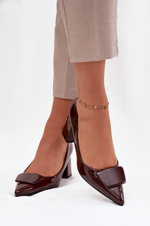 Brown Block Heel Pumps in High Heel Pumps with Fabric, Footbed, Upper Height and Heel Height