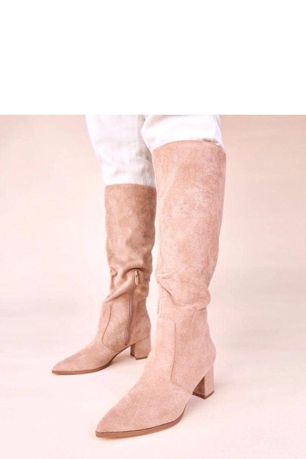 Beige Heel Boots in Over The Knee High Boots, Thigh High Boots with Fabric, Footbed, Upper Height and Heel Height