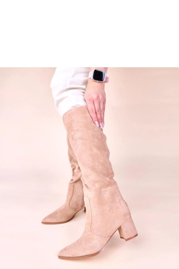 Beige Heel Boots in Over The Knee High Boots, Thigh High Boots with Fabric, Footbed, Upper Height and Heel Height